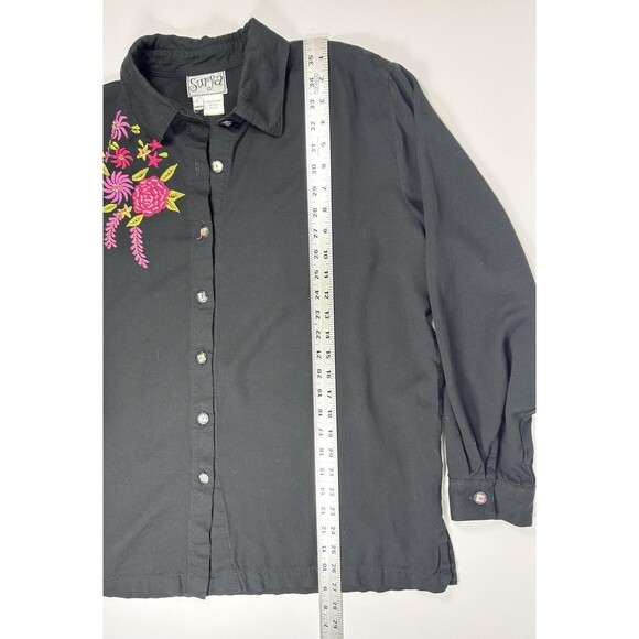 Surya Blouse Womens Large Black Button Up Floral Embroidered Beaded Rayon Boho - Picture 9 of 10